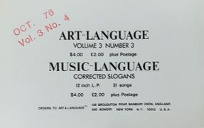 Postcard ad for Corrected Slogans and Art-Language Vol. 3 No. 3 (1976)